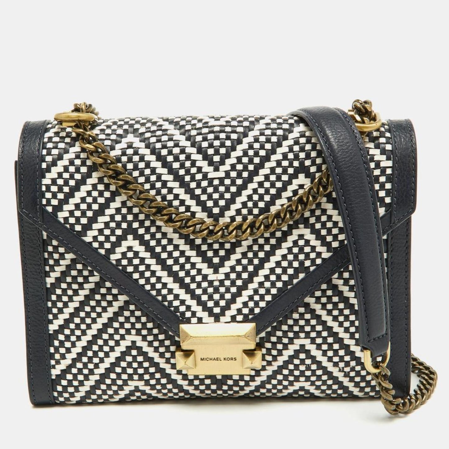 Michael Kors Navy Woven Leather Whitney Shoulder Bag