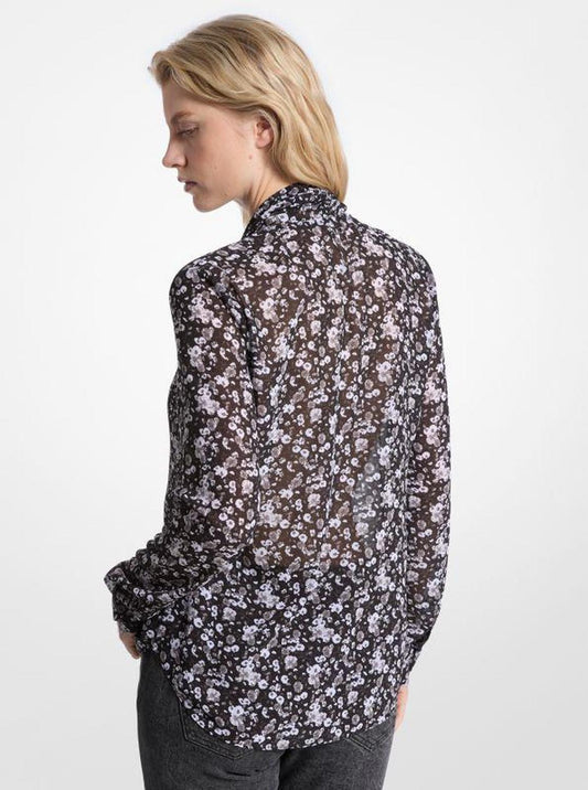 Floral Print Georgette Tie-Neck Blouse
