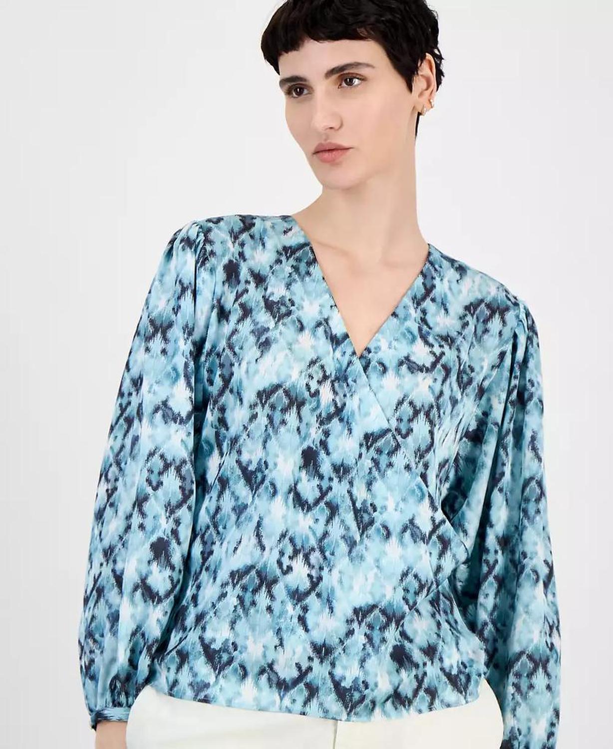 Women's Faux-Wrap Buttoned-Cuff Top