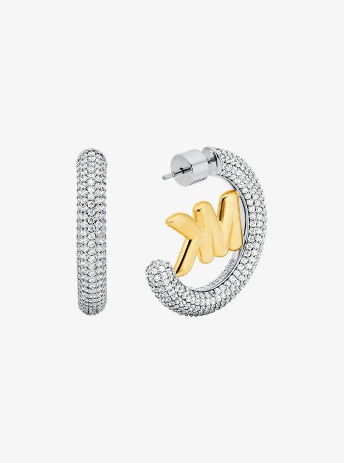 Large Pavé Logo Charm Two-Tone Hoop Earrings