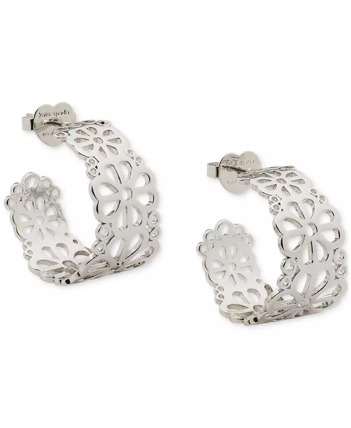 Small Spade Flower Lace Hoop Earrings, 1.05"