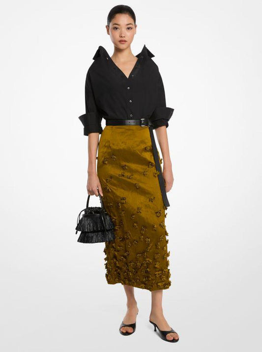 Hand-Embroidered Floral Crushed Duchesse Pencil Skirt