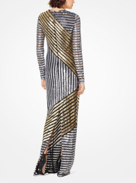 Stripe Sequined Stretch-Tulle Gown
