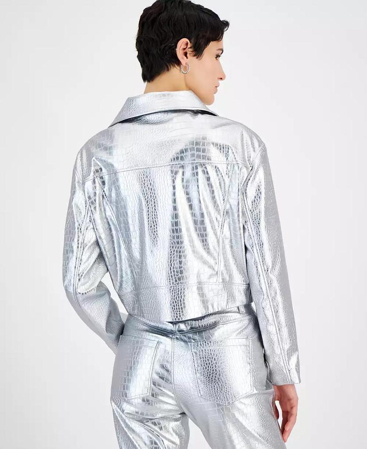 Women's Metallic Croc-Embossed Moto Jacket
