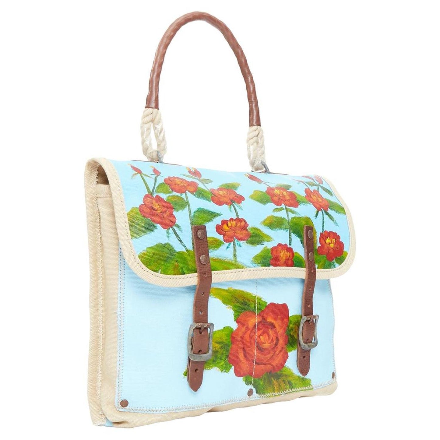 WWII hand painted rose print leather satchel tote bag