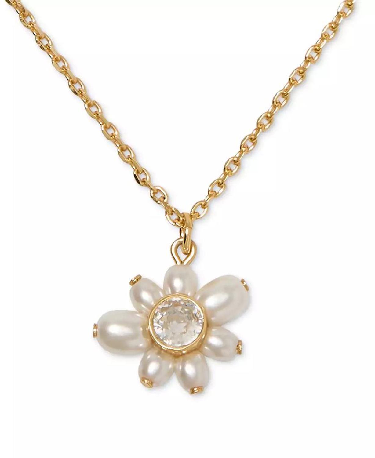 Gold-Tone Cubic Zirconia & Imitation Pearl Flower Pendant Necklace, 16" + 3" extender