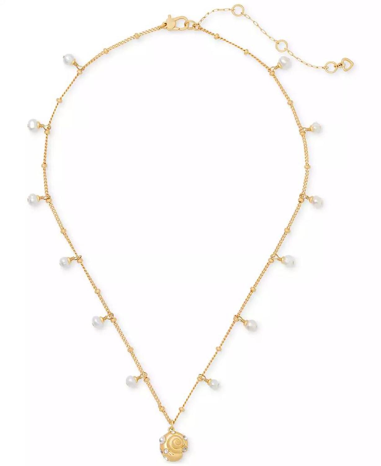 Gold-Tone Pavé & Freshwater & Imitation Pearl Shell Pendant Necklace, 16" + 3" extender