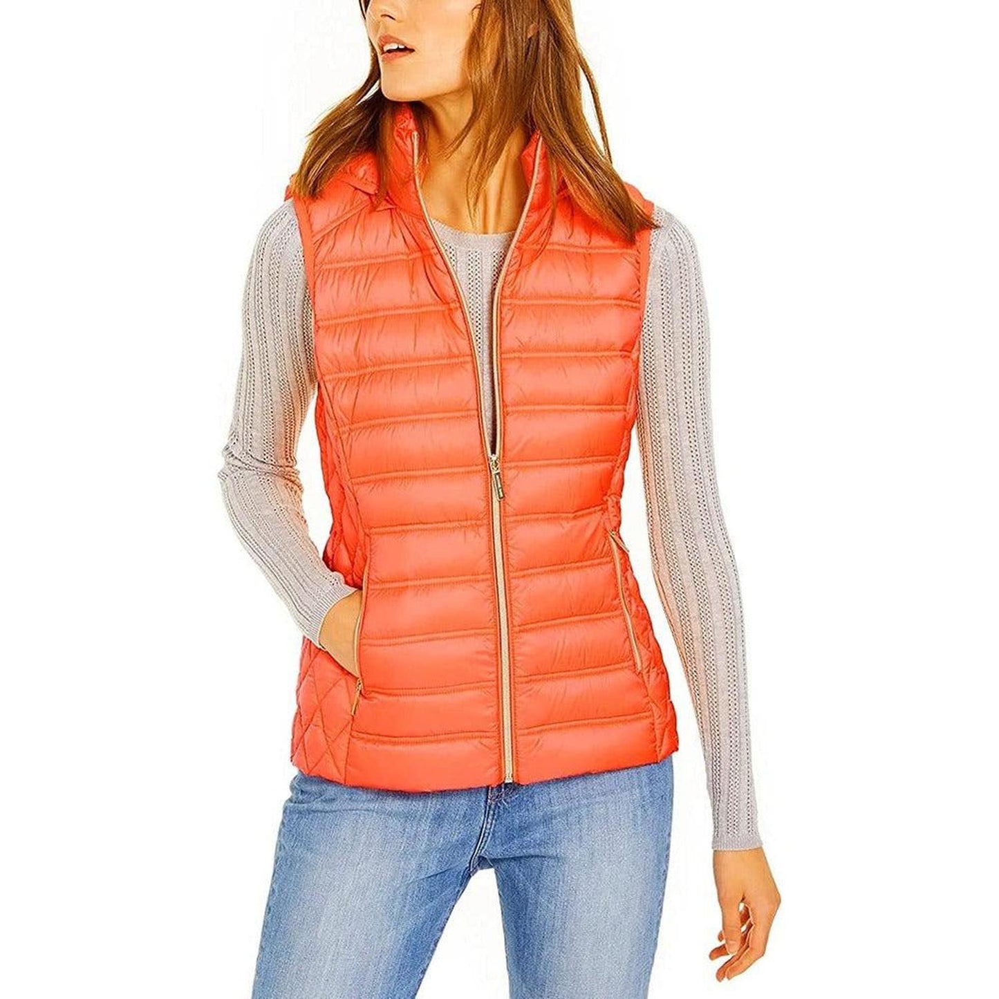 Michael Women's Orange Down Puffer Vest Jacket with Removable Hood