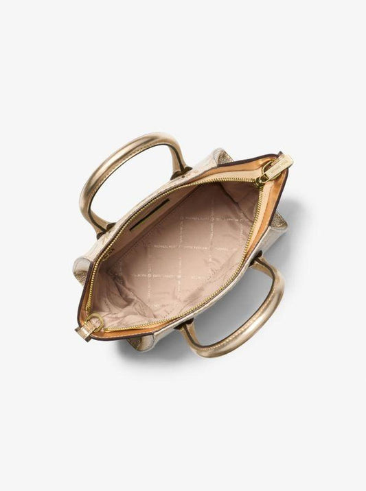 Avril Small Logo Jacquard and Metallic Leather Satchel