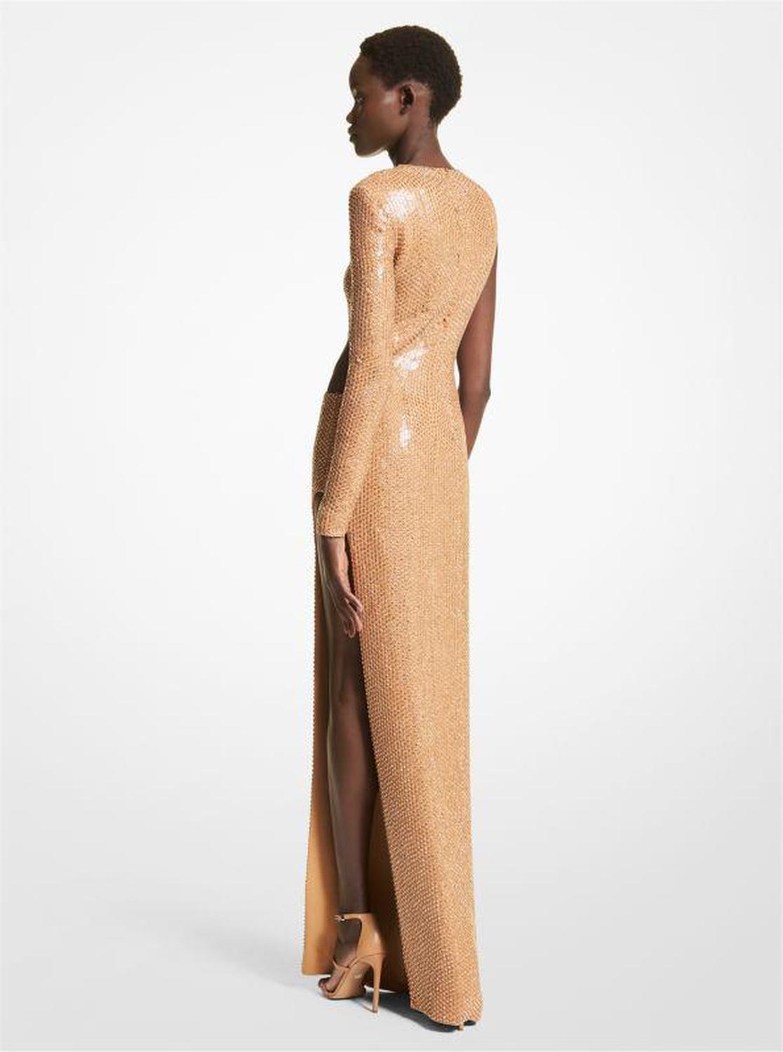 Hand-Embroidered Stretch Cady One-Sleeve Gown