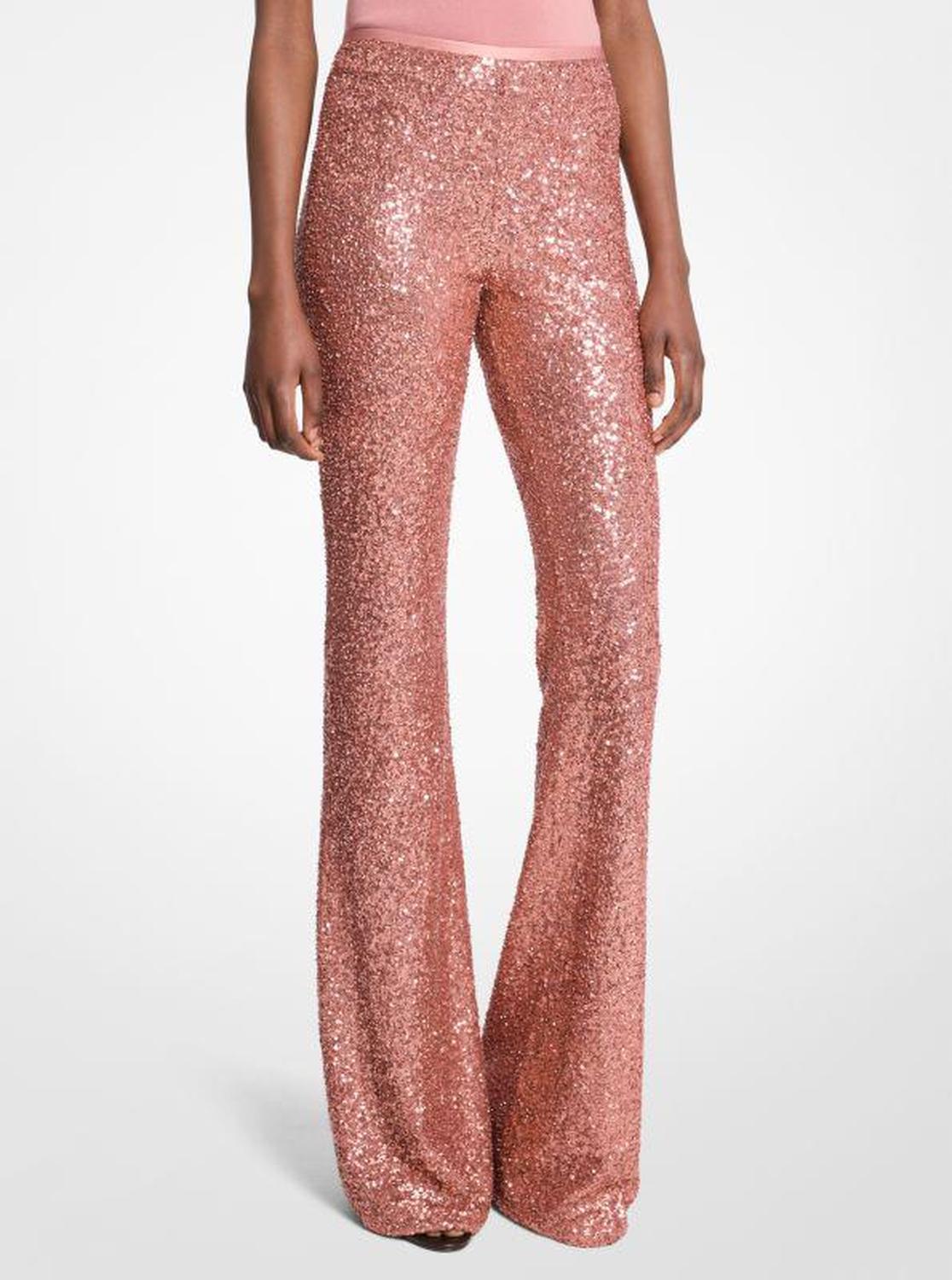 Hand-Embroidered Sequin Stretch Tulle Flared Pants