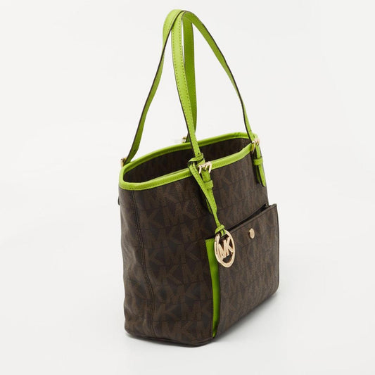 Michael Kors Brown/green Signature Coated Canvas And Leather Medium Snap Pocket Tote