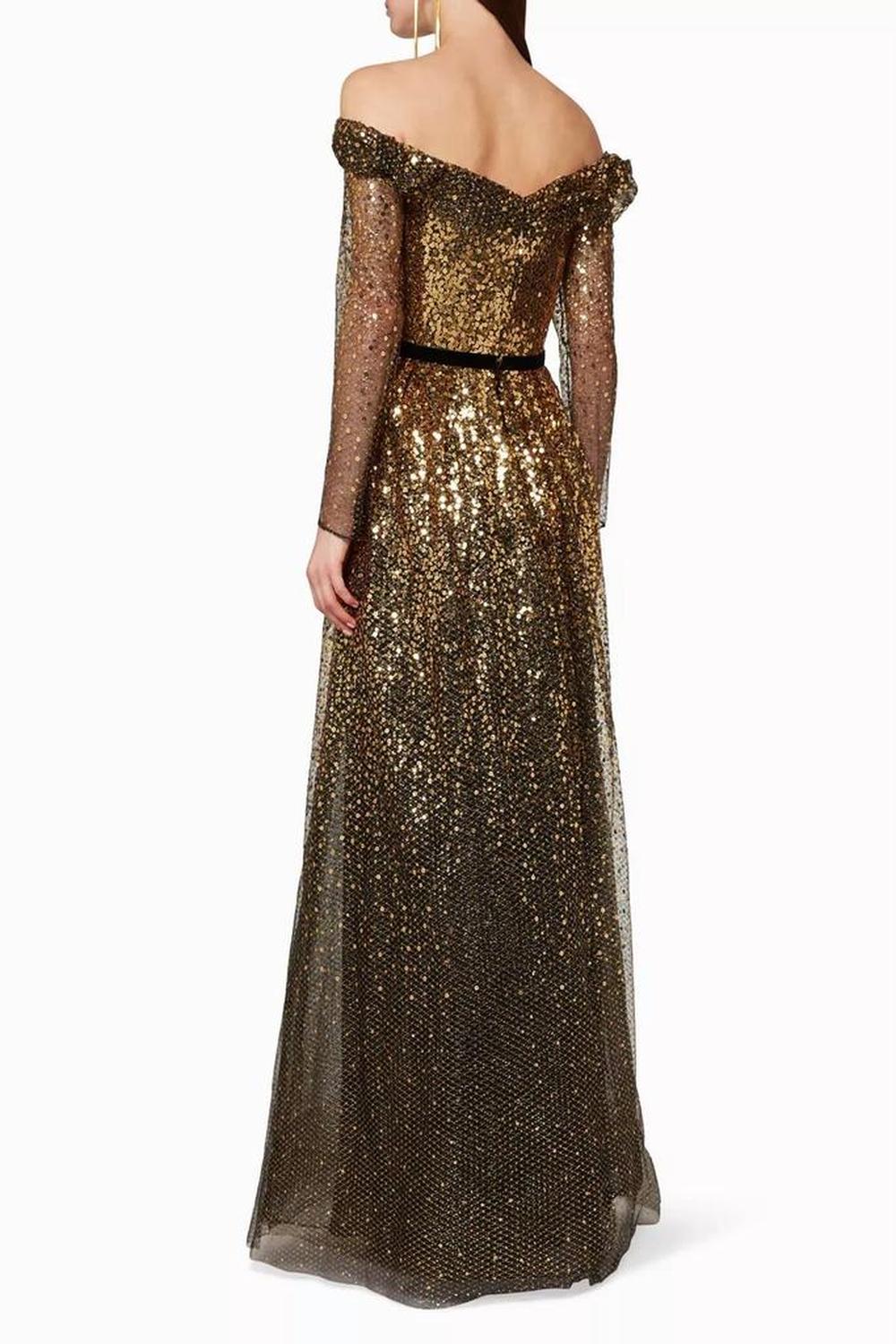 Off The Shoulder Long Sleeve Ombré Sequin Gown In Gold