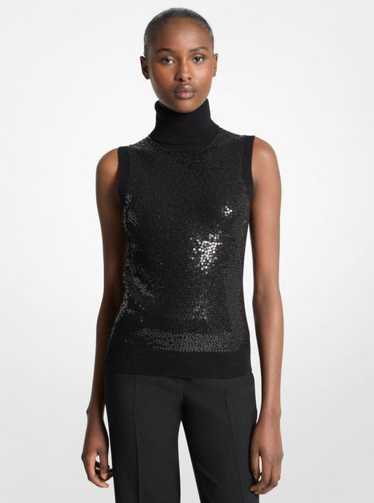 Hand-Embroidered Sequin Cashmere Sleeveless Turtleneck Sweater