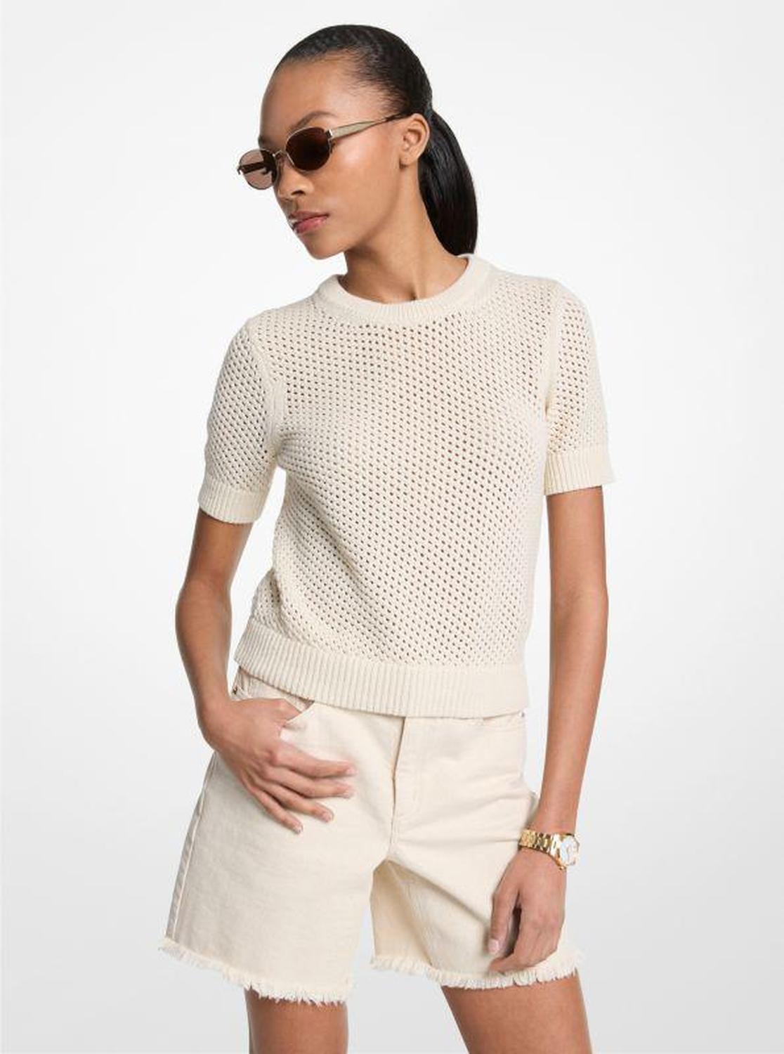 Cotton and Cashmere Mesh Short-Sleeve Sweater