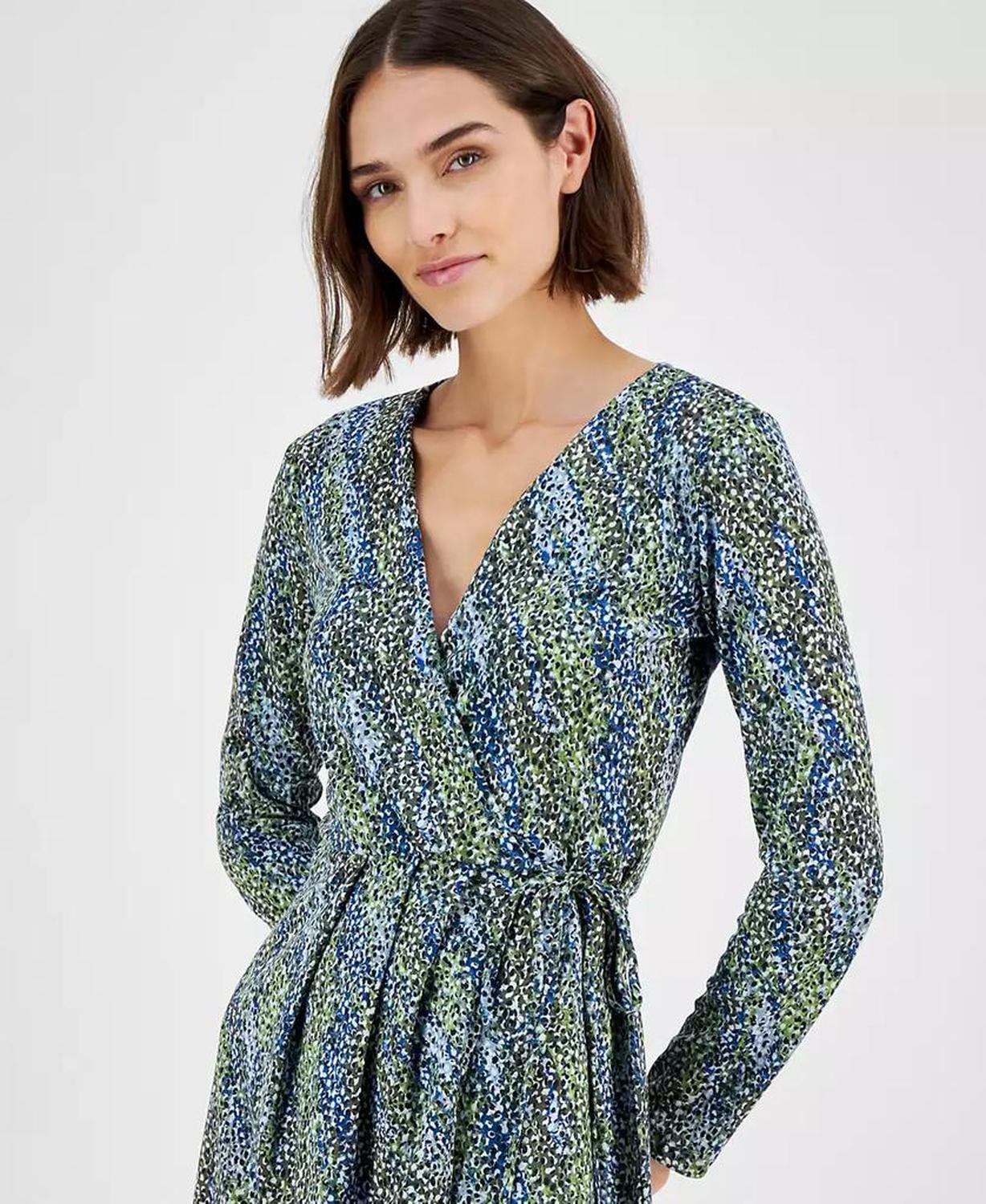 Women's Printed Long-Sleeve Midi Wrap Dress