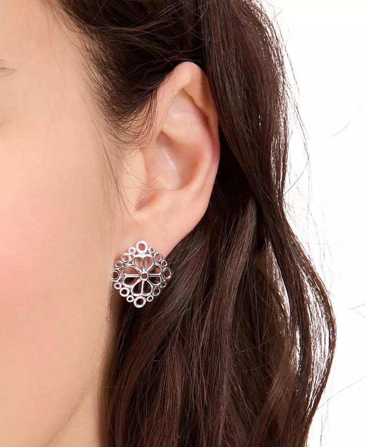 Silver-Tone Spade Flower Lace Stud Earrings