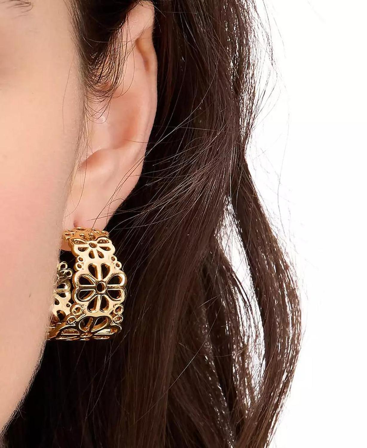 Small Spade Flower Lace Hoop Earrings, 1.05"