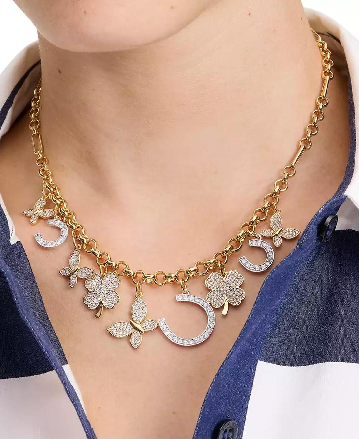 Two-Tone Cubic Zirconia Pavé Lucky Charm Collar Necklace, 16" + 3" extender