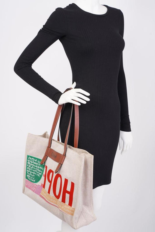 Chloe Corita Kent Tote Beige / Multicoloured Writing Canvas Large