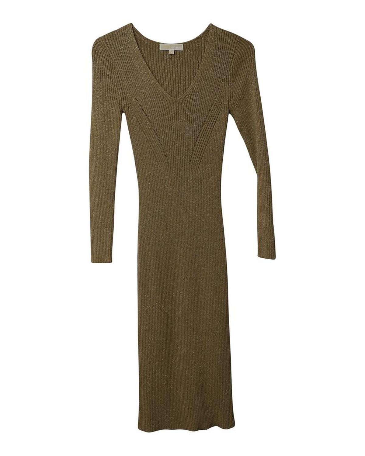 Fitted Ribbed Knit Midi Dress in Metallic Gold Viscose