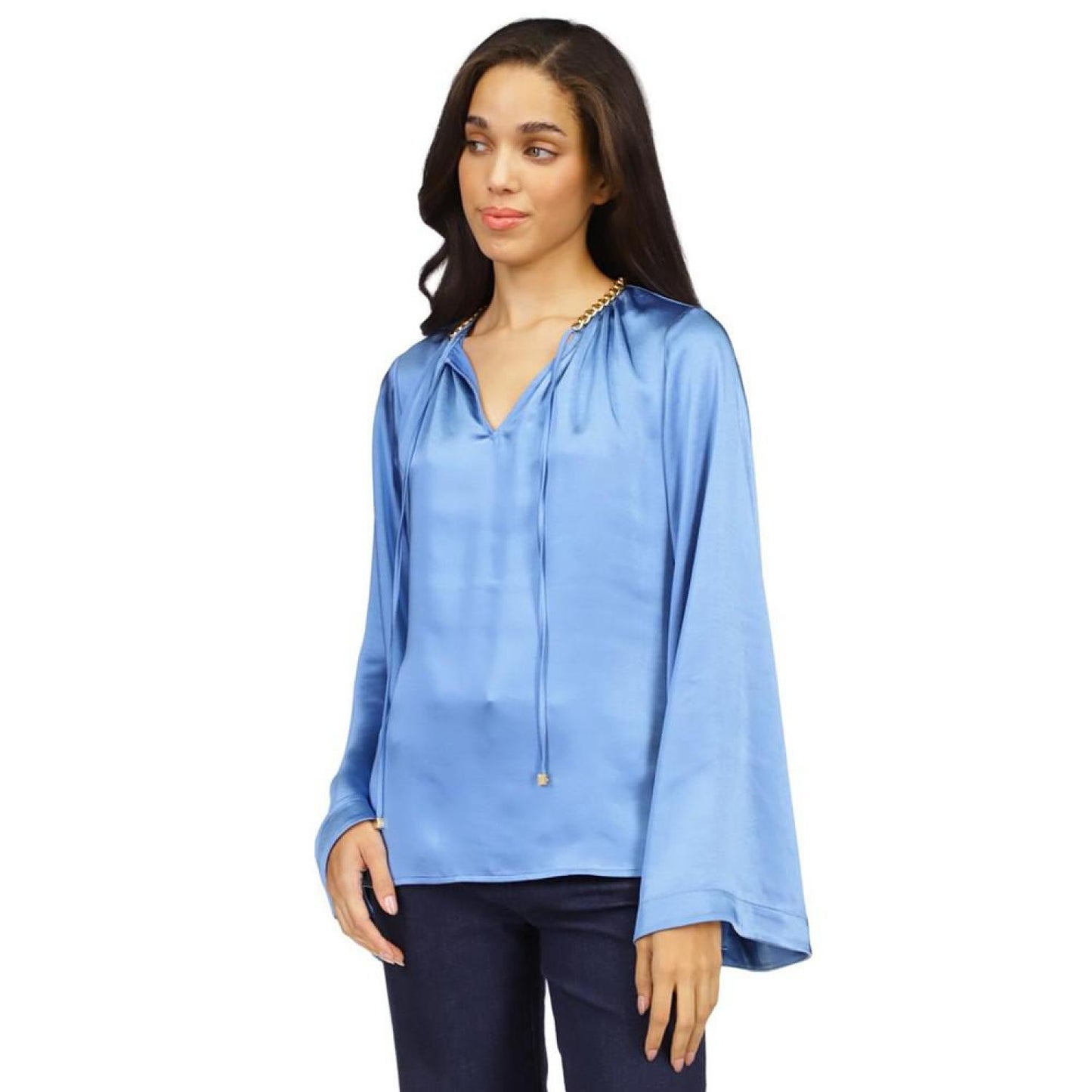 Women's Satin Bell-Sleeve Chain-Neck Top