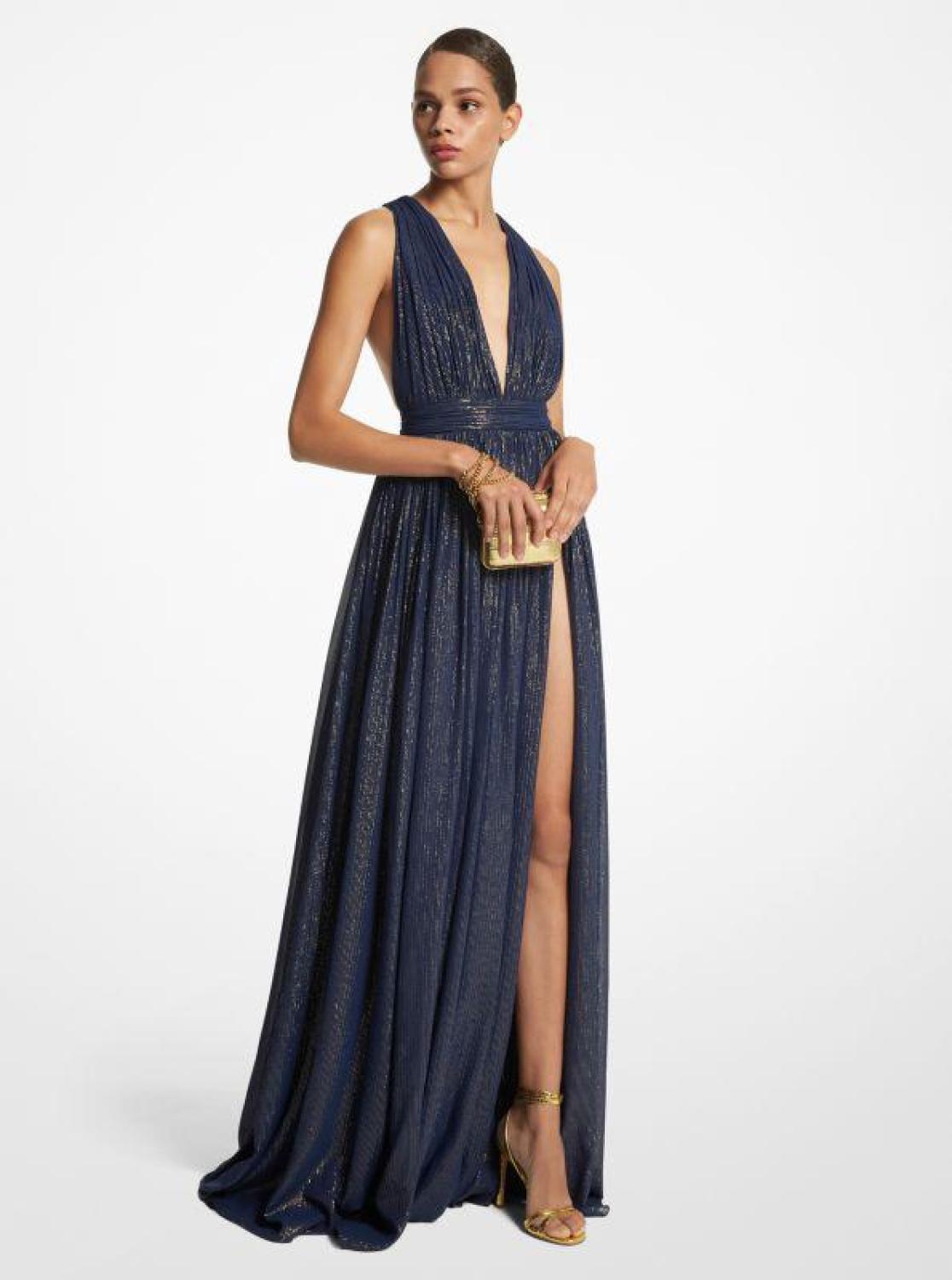 Hutton Metallic Striped Lamé Chiffon Gown