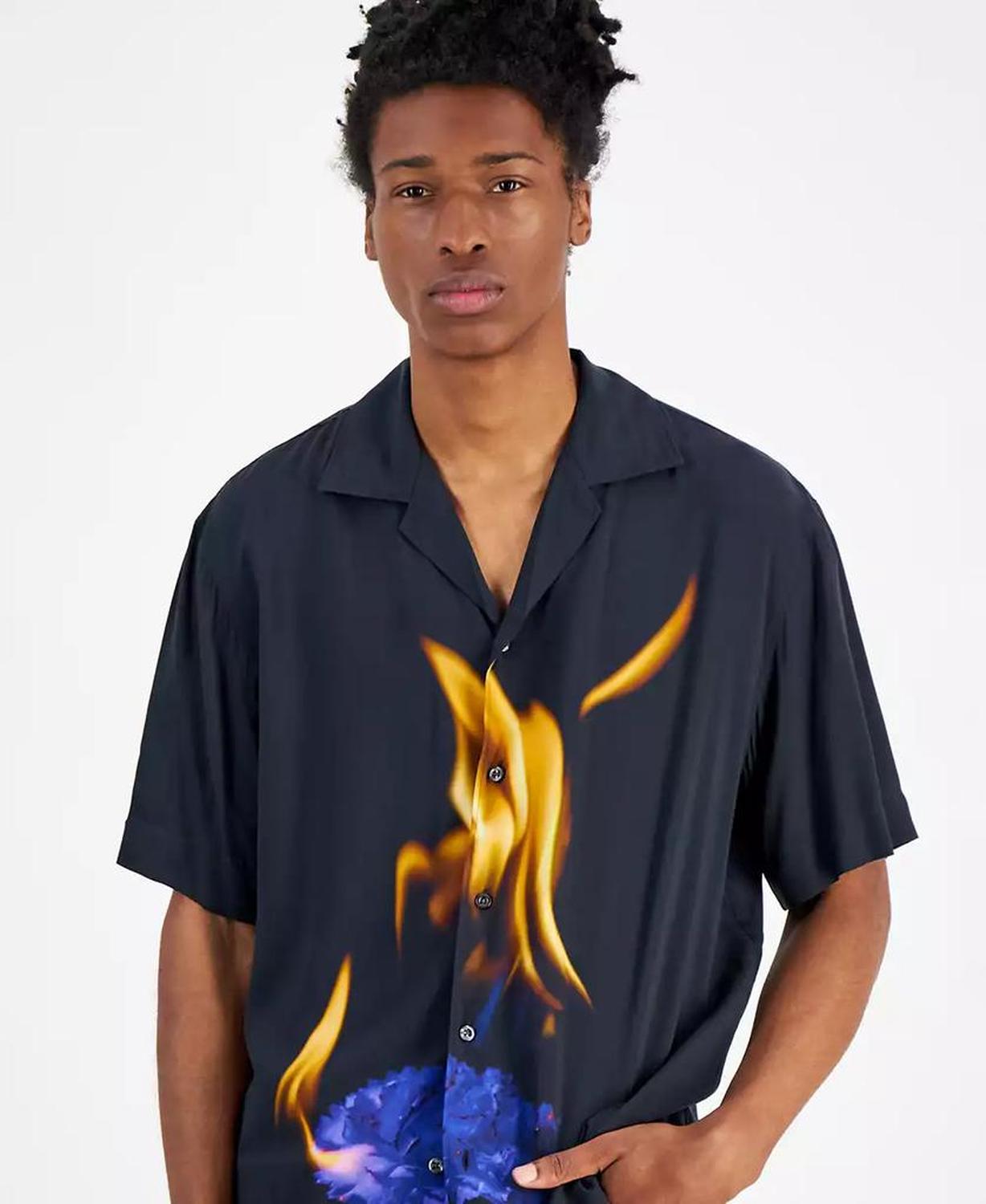 Men's Oversized-Fit Printed Button-Down Camp Shirt