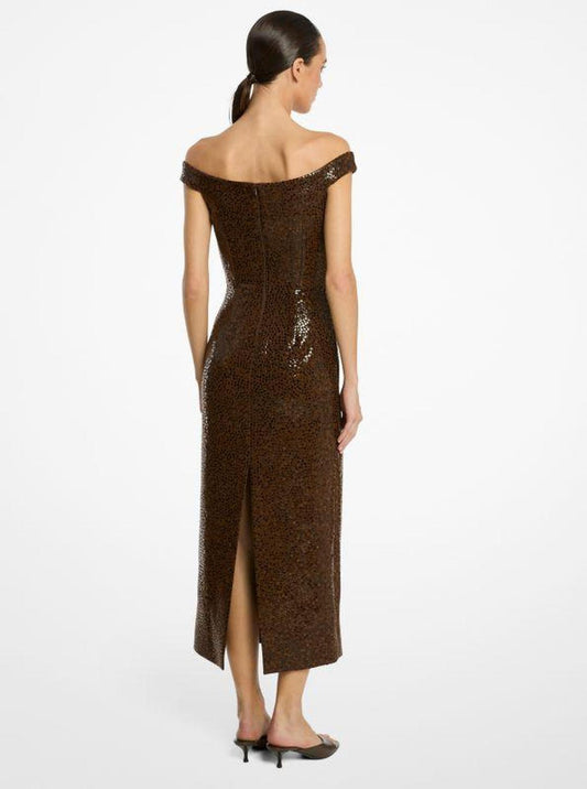 Hand-Embellished Paillettes Crepe Off-The-Shoulder Dress