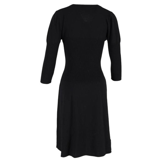 V-Neck 3/4 Sleeve Midi Dress in Black Wool
