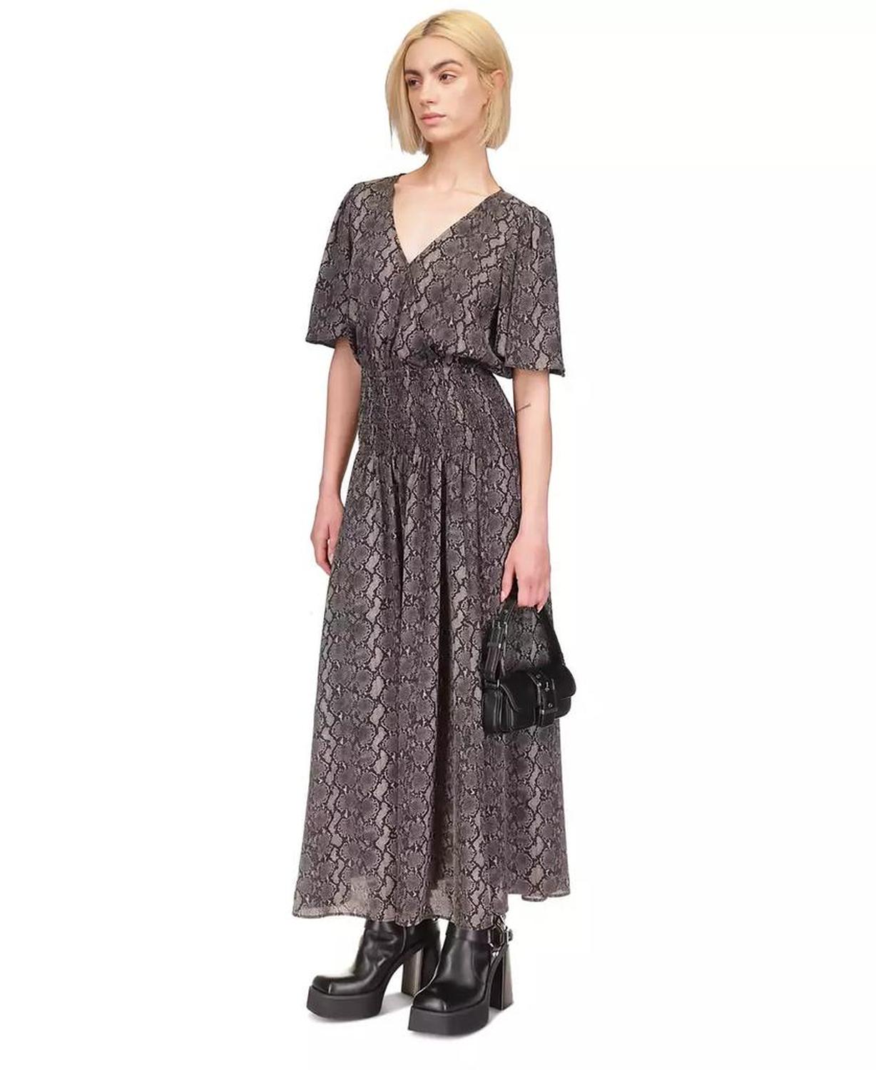 MICHAEL Women's Snake-Print Smocked Maxi Dress