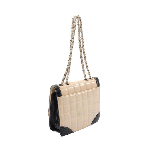 Chocolate Bar W Chain Shoulder Bag Patent Leather Beige Silver Hardware