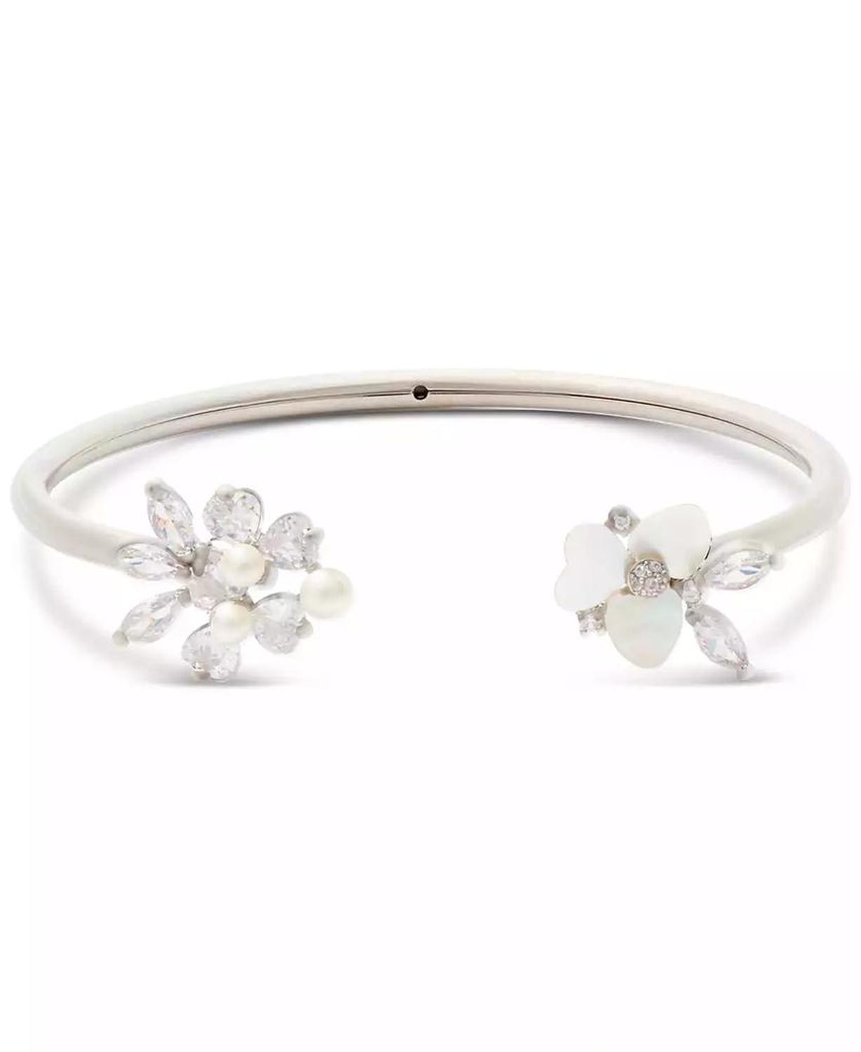 Silver-Tone Cubic Zirconia & Imitation Pearl Flower Flex Cuff Bracelet