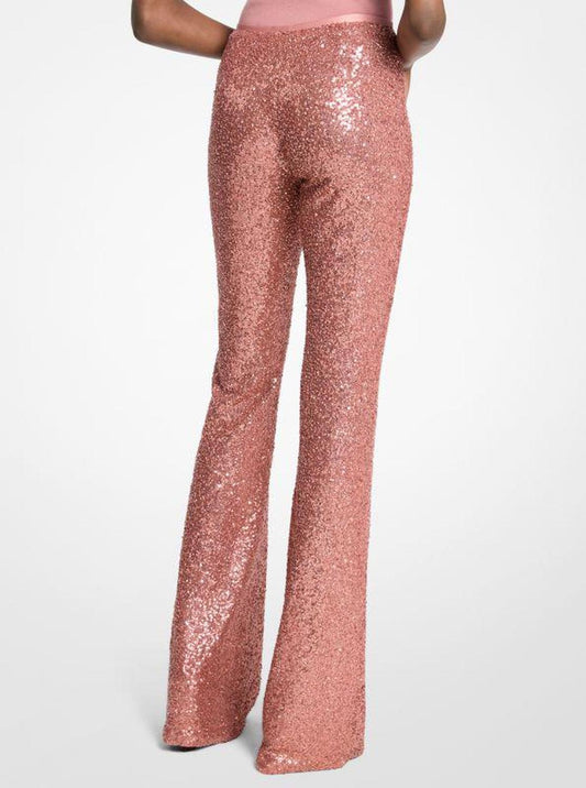 Hand-Embroidered Sequin Stretch Tulle Flared Pants