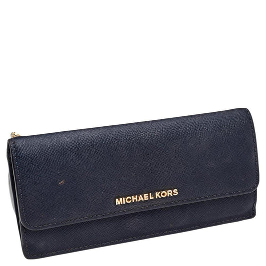 Michael Kors Navy Blue Saffiano Leather Jet Set Travel Flat Wallet..