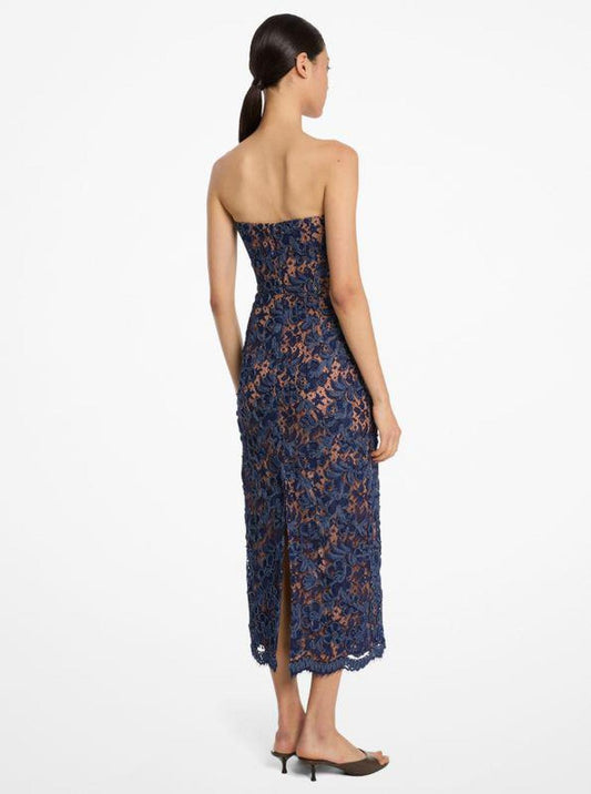 Denim Floral Soutache Lace Strapless Sheath Dress