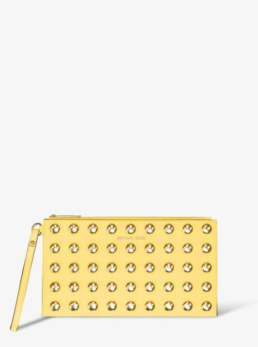 Jet Set Large Studded Pebbled Leather Wristlet