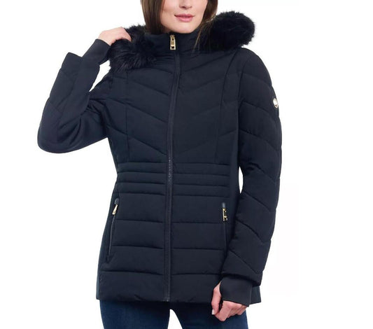Women's Chevron Faux Fur Hooded Coat In Black