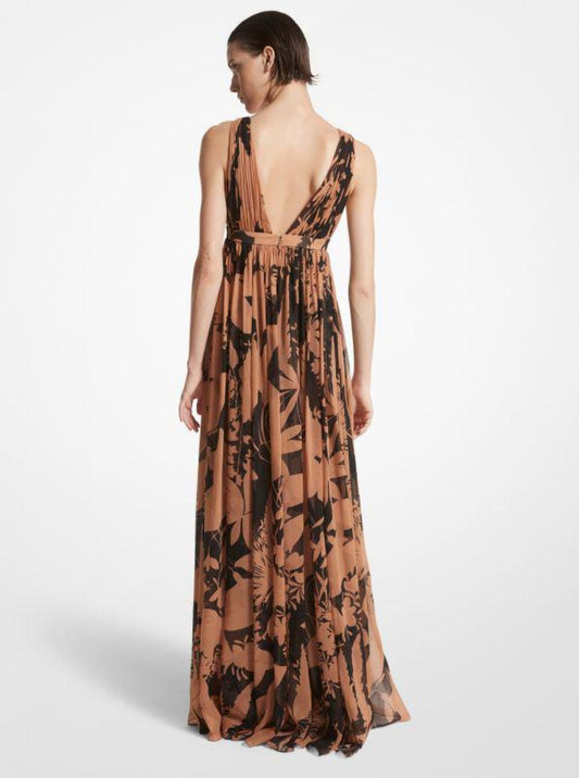 Shadow Floral Silk Chiffon Empire Goddess Gown