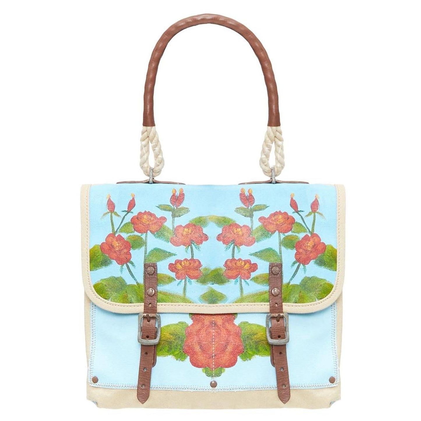 WWII hand painted rose print leather satchel tote bag