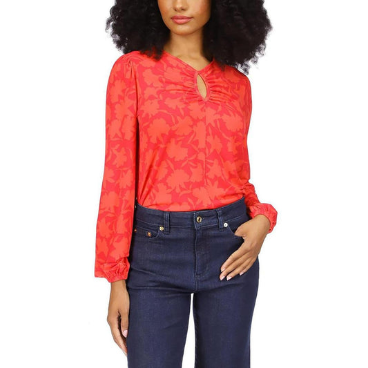 Petites Womens Keyhole Long Sleeve Blouse