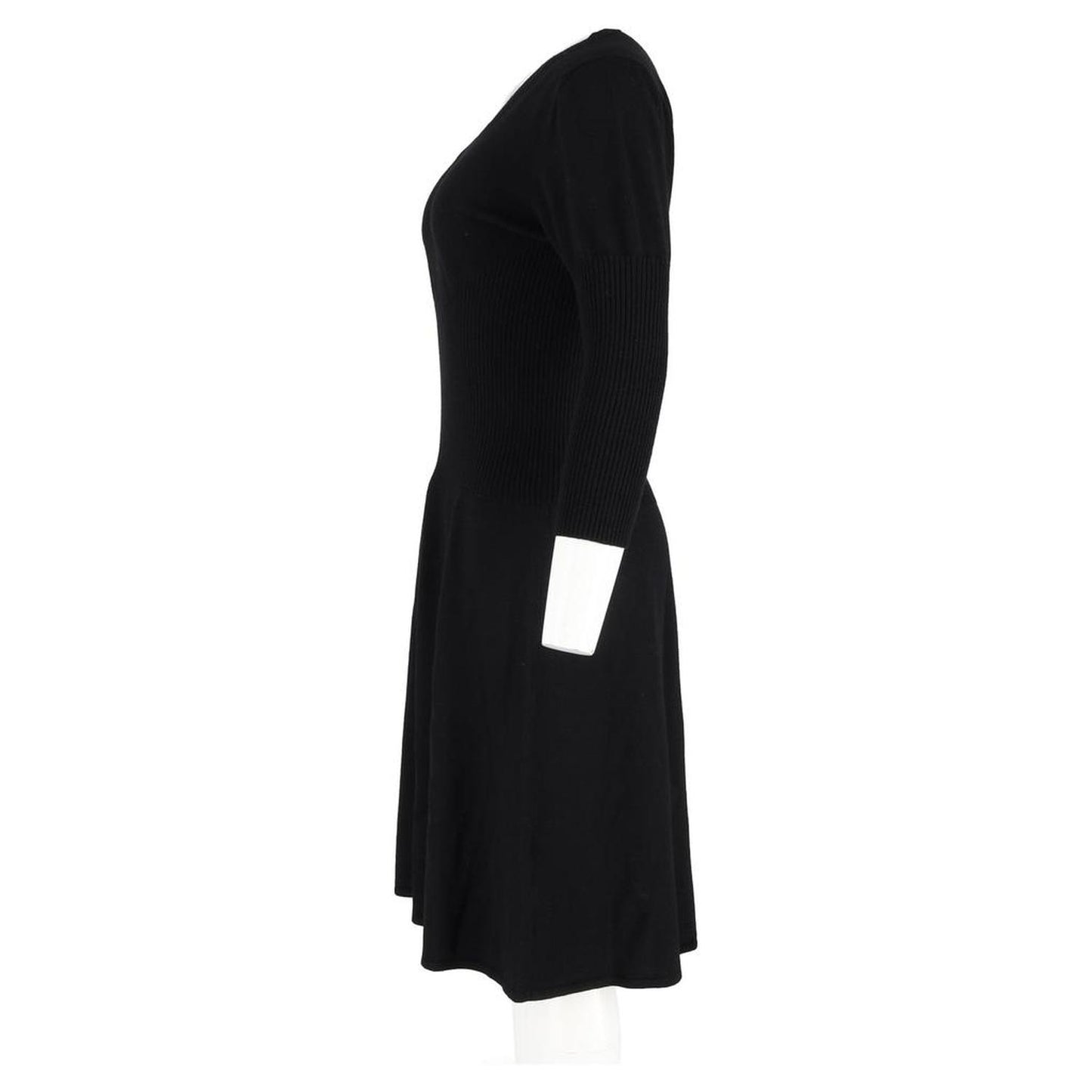 V-Neck 3/4 Sleeve Midi Dress in Black Wool