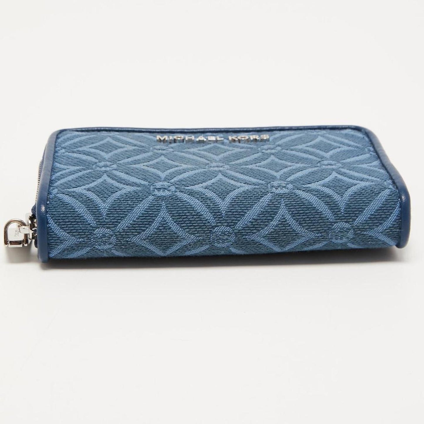 Michael Kors Blue Monogram Jacquard Canvas And Leather Zip Around Card Case