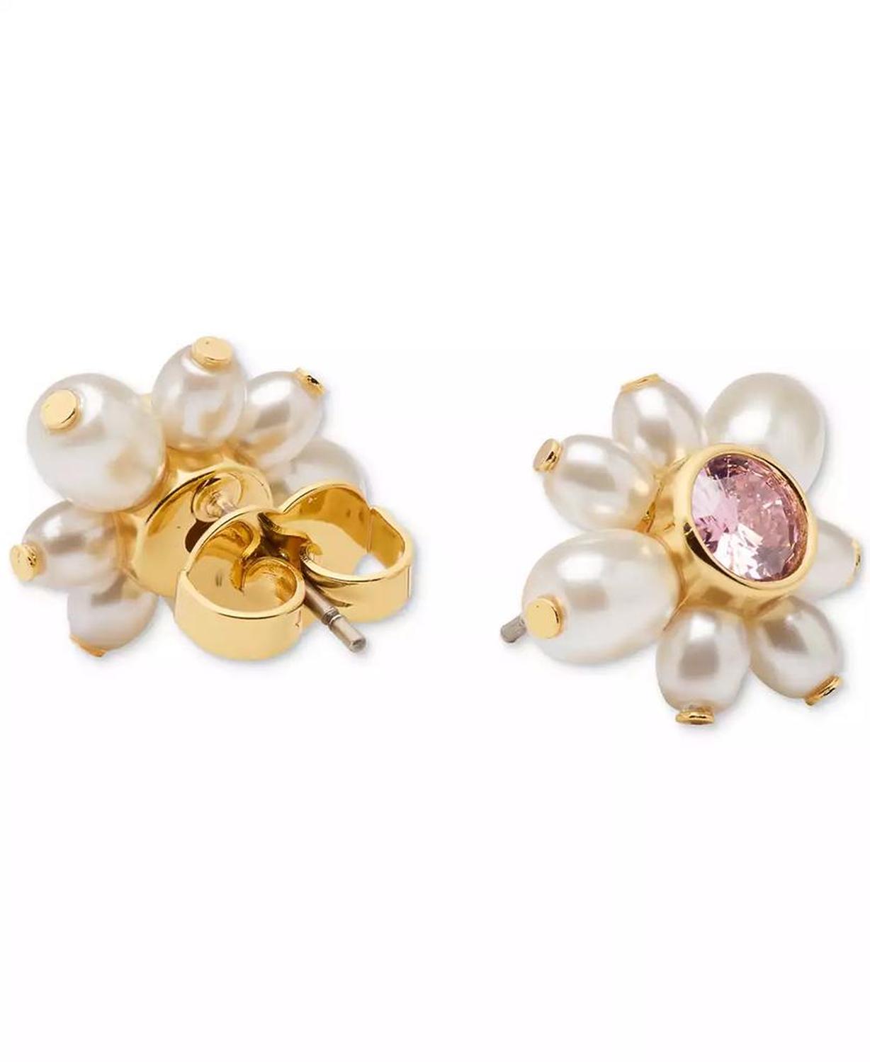 Gold-Tone Color Cubic Zirconia & Imitation Pearl Flower Stud Earrings