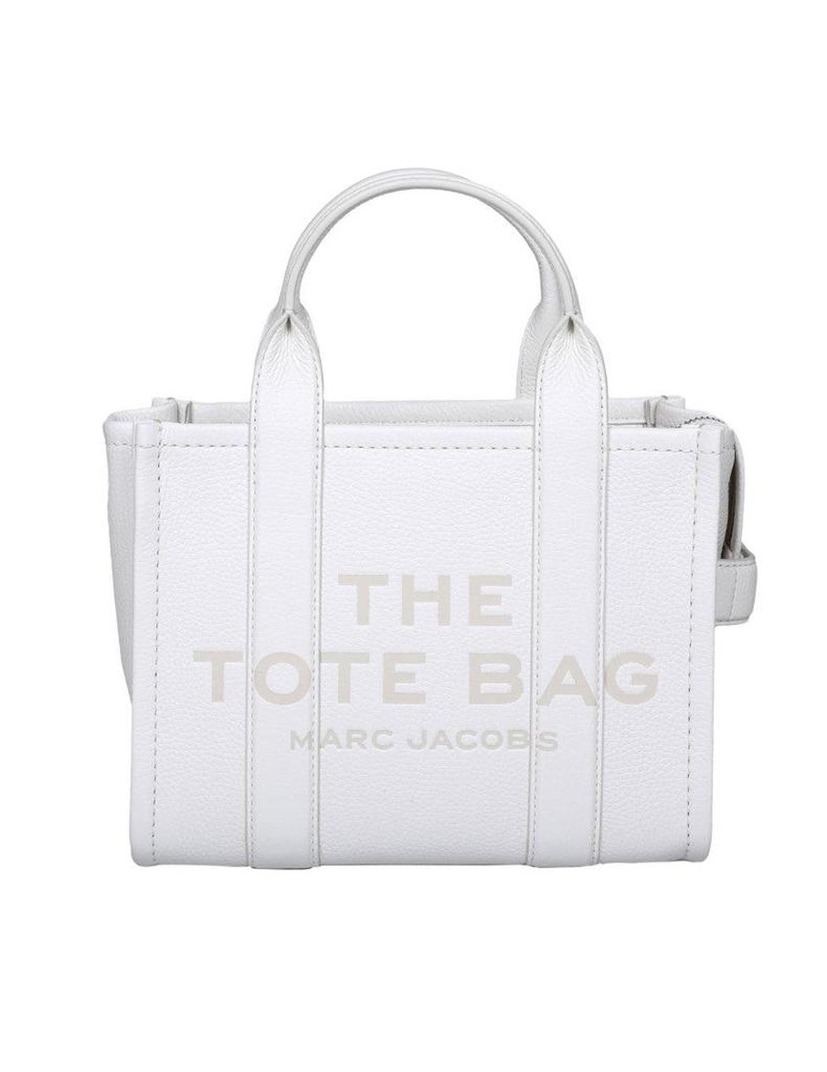 Compact White Leather Tote With Embossed Logo