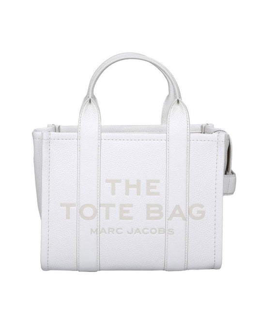 Compact White Leather Tote With Embossed Logo