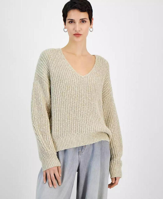 Women's Metallic V-Neck Drop-Shoulder Sweater