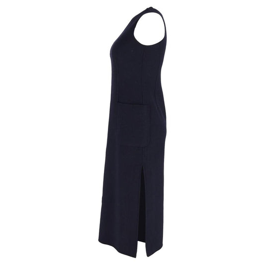 Side Slit Midi Dress with Pockets in Navy Blue Wool