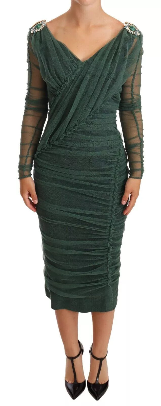 Dolce & Gabbana Green Ruched Stretch Tulle Crystal Midi Dress Dolce & Gabbana Green Ruched Stretch Tulle Crystal Midi Dress
