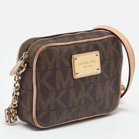 Michael Kors Beige/brown Signature Coated Canvas And Leather Mini Camera Crossbody Bag